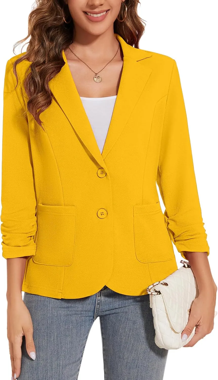Women's Casual Button Open Front Blazer 3/4 Sleeve Lapel Collar Office Work Lightweight Jackets Pocket