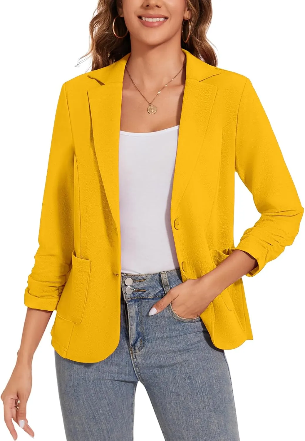 Women's Casual Button Open Front Blazer 3/4 Sleeve Lapel Collar Office Work Lightweight Jackets Pocket