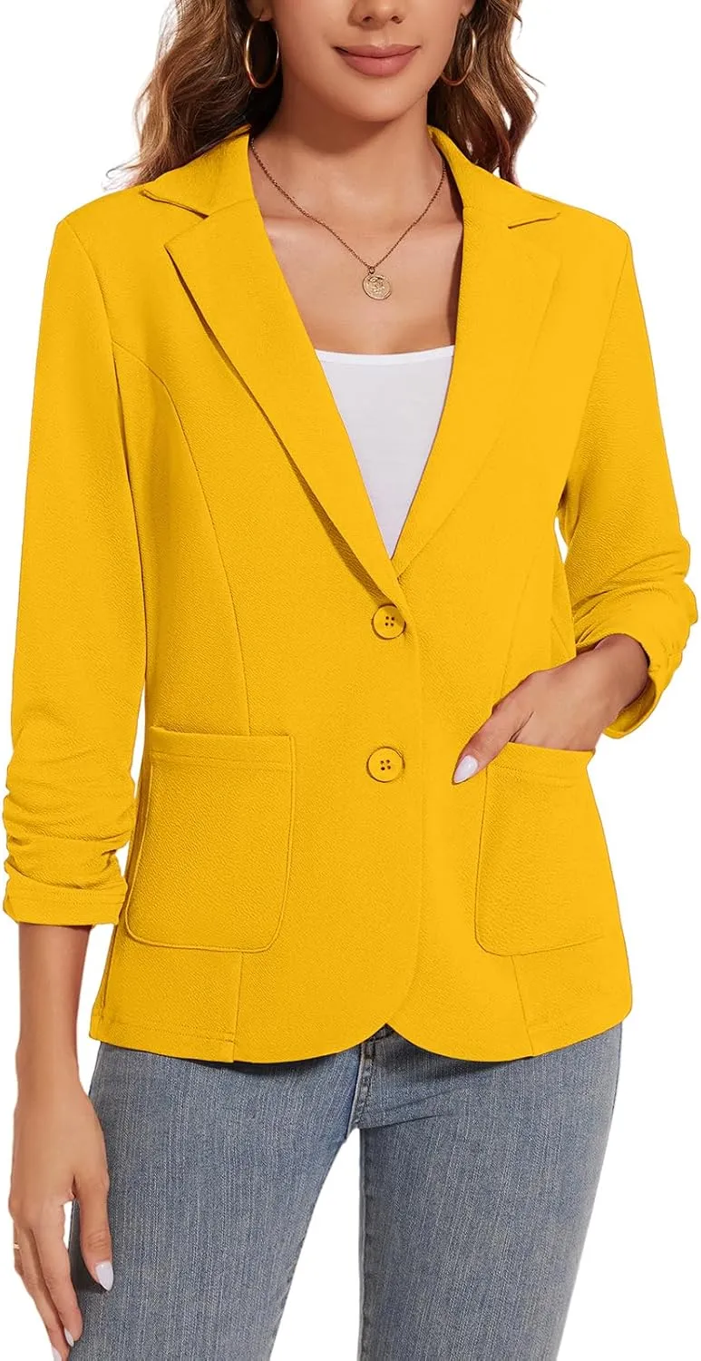 Women's Casual Button Open Front Blazer 3/4 Sleeve Lapel Collar Office Work Lightweight Jackets Pocket