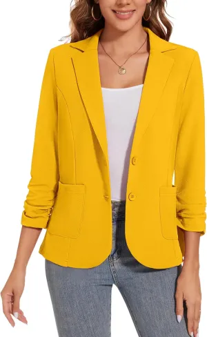 Women's Casual Button Open Front Blazer 3/4 Sleeve Lapel Collar Office Work Lightweight Jackets Pocket