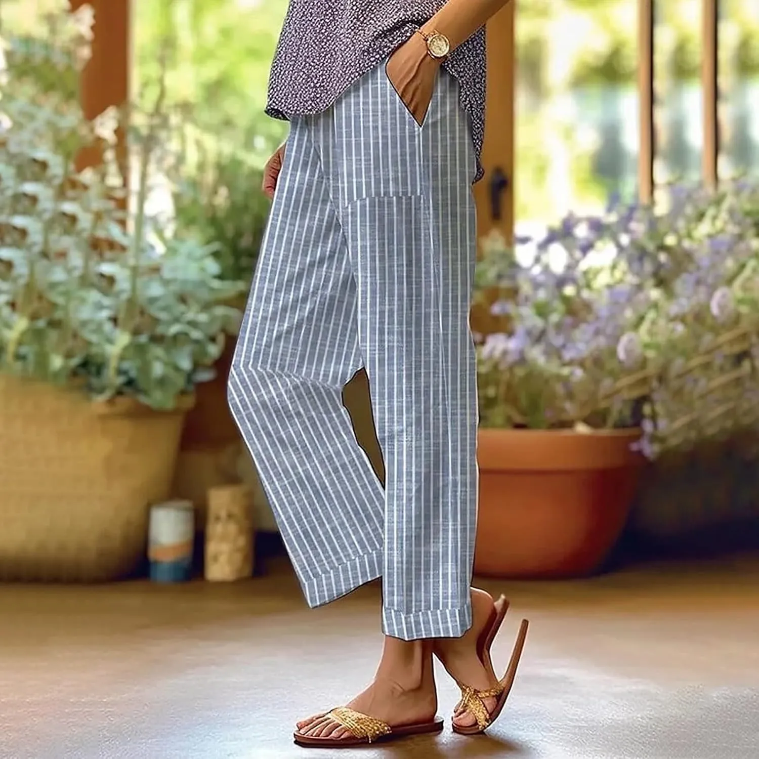 Women's Casual Cotton Linen Capri Pants Boho Solid Elastic Waisted Drawstring Summer Spring Beach Baggy Capri