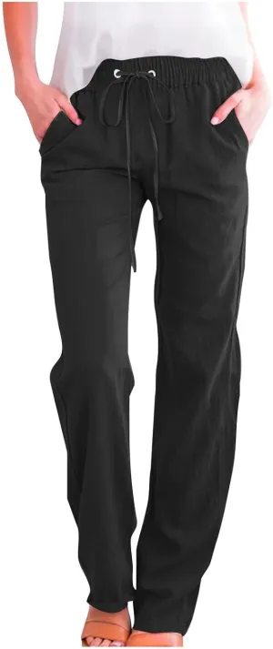 Womens Casual Cotton Linen Pants 2025 Fashion Drawstring Trouser Summer Loose Fit Straight Leg Pant Soft Lounge Pants
