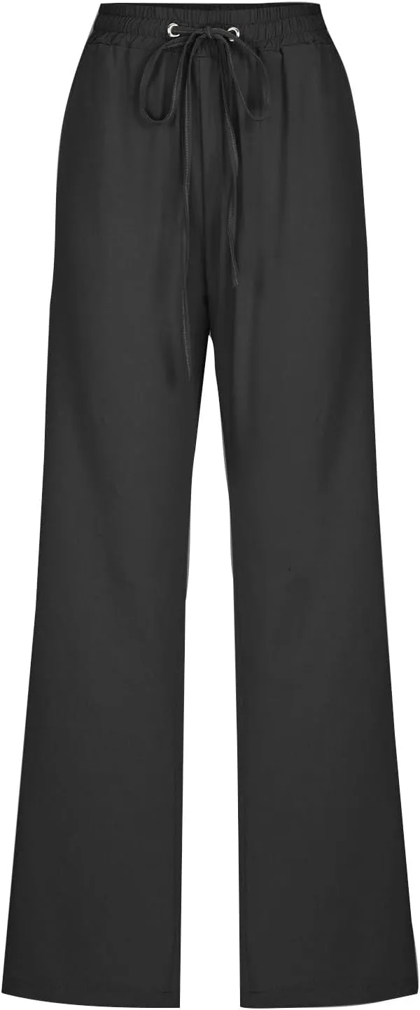 Womens Casual Cotton Linen Pants 2025 Fashion Drawstring Trouser Summer Loose Fit Straight Leg Pant Soft Lounge Pants