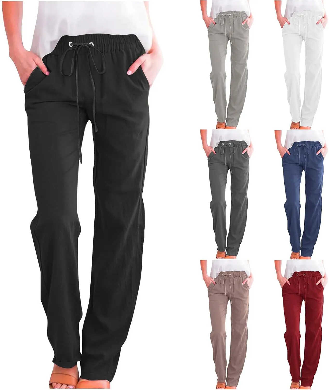 Womens Casual Cotton Linen Pants 2025 Fashion Drawstring Trouser Summer Loose Fit Straight Leg Pant Soft Lounge Pants