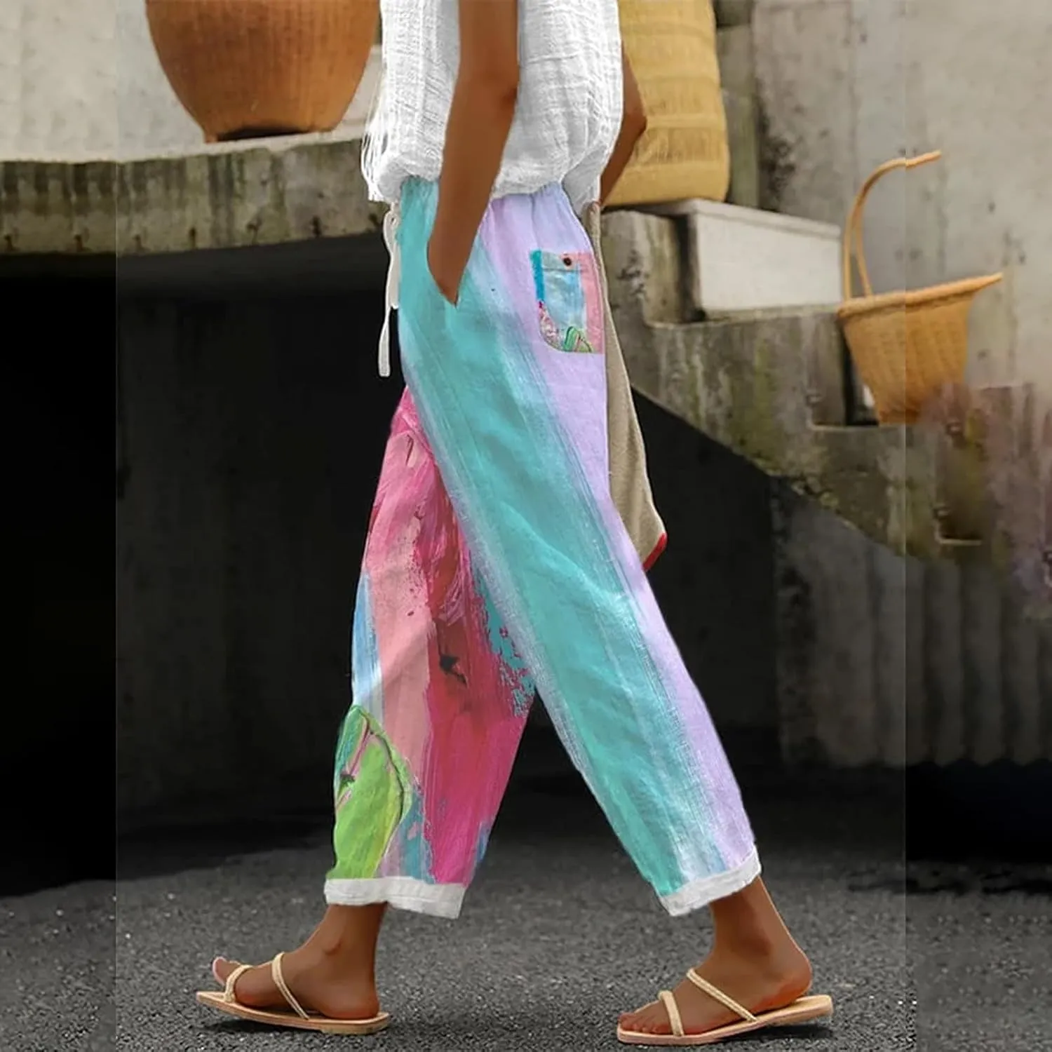 Women's Casual Cotton Linen Pants Capri Elastic Waisted Drawstring Long Trousers with Pocket Summer Spring Beach