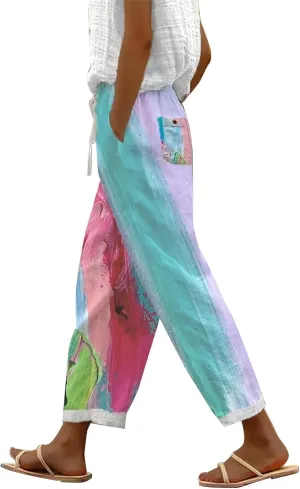 Women's Casual Cotton Linen Pants Capri Elastic Waisted Drawstring Long Trousers with Pocket Summer Spring Beach