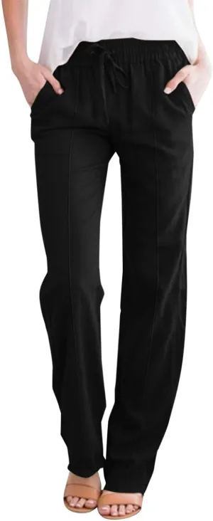 Womens Casual Cotton Linen Pants Lightweight Summer Relax Fit Elastic Waist Plus Size Solid Lounge Long Trousers