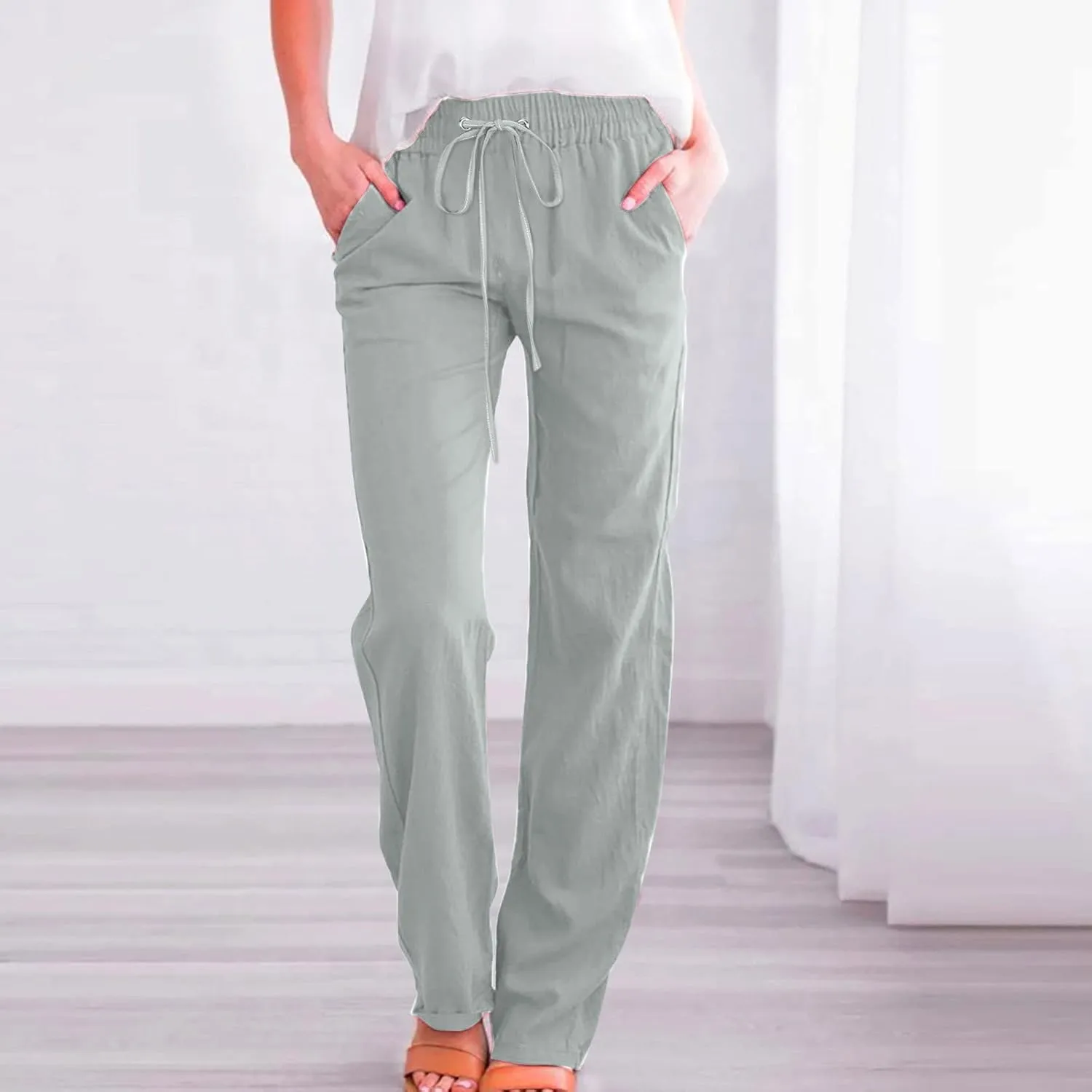 Womens Casual Cotton Linen Pants Lightweight Summer Relax Fit Elastic Waist Plus Size Solid Lounge Long Trousers