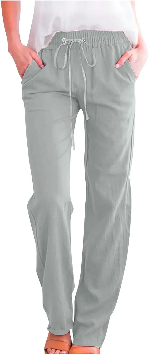 Womens Casual Cotton Linen Pants Lightweight Summer Relax Fit Elastic Waist Plus Size Solid Lounge Long Trousers