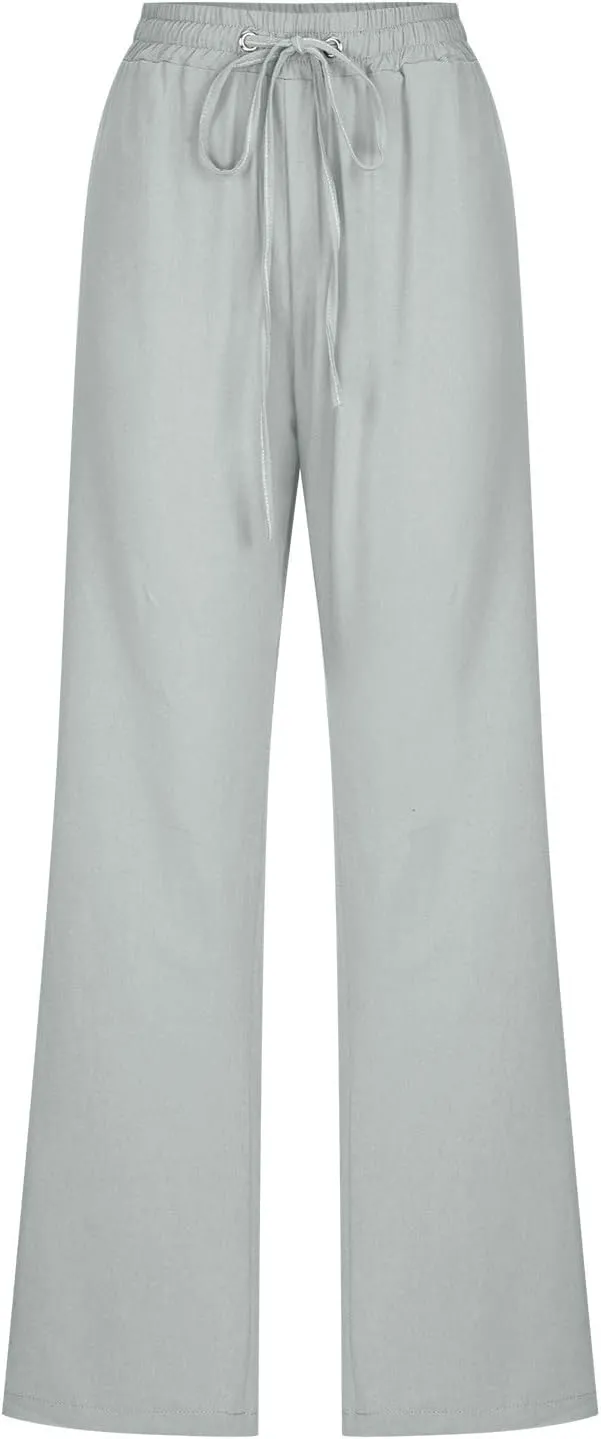 Womens Casual Cotton Linen Pants Lightweight Summer Relax Fit Elastic Waist Plus Size Solid Lounge Long Trousers