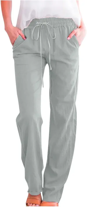 Womens Casual Cotton Linen Pants Lightweight Summer Relax Fit Elastic Waist Plus Size Solid Lounge Long Trousers