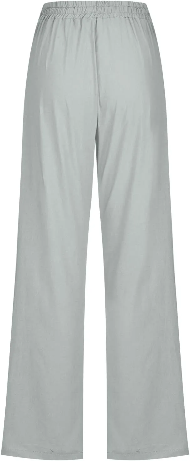 Womens Casual Cotton Linen Pants Lightweight Summer Relax Fit Elastic Waist Plus Size Solid Lounge Long Trousers