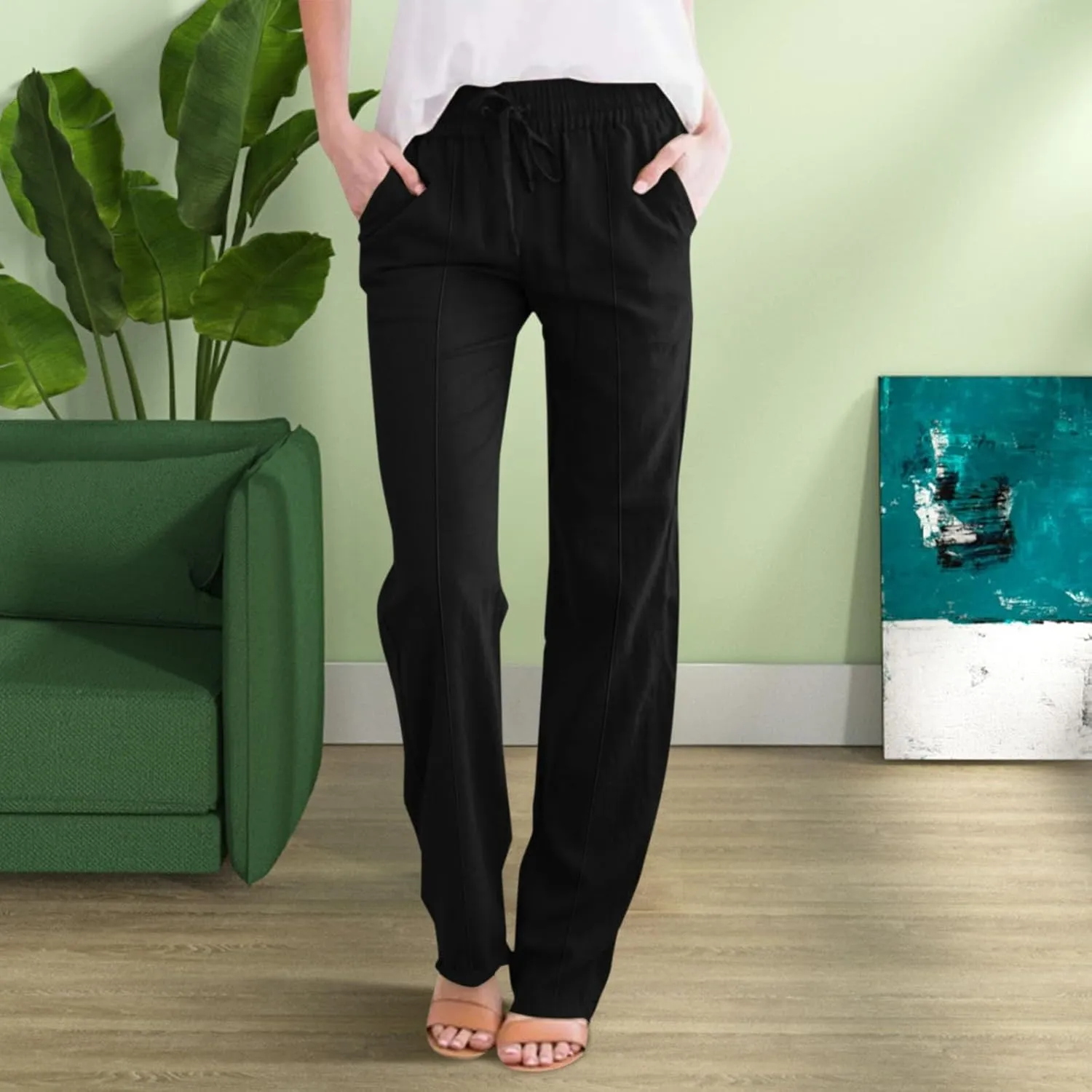Womens Casual Cotton Linen Pants Lightweight Summer Relax Fit Elastic Waist Plus Size Solid Lounge Long Trousers