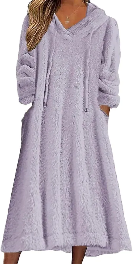 Women's Casual Fluffy Granular Fleece Sherpa Hooded Dress Oversized Plush Fuzzy Pullover Coat with Pockets