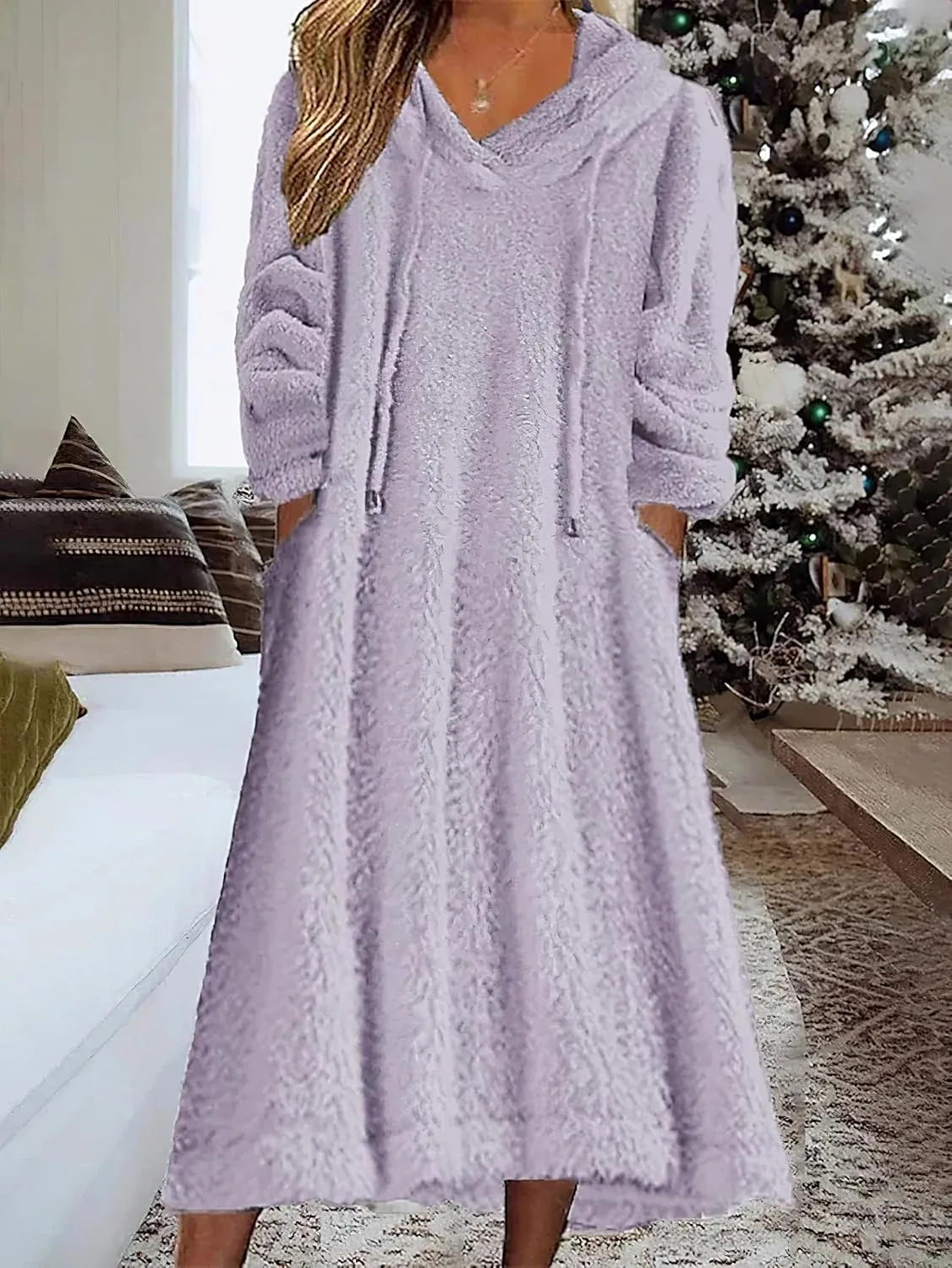 Women's Casual Fluffy Granular Fleece Sherpa Hooded Dress Oversized Plush Fuzzy Pullover Coat with Pockets