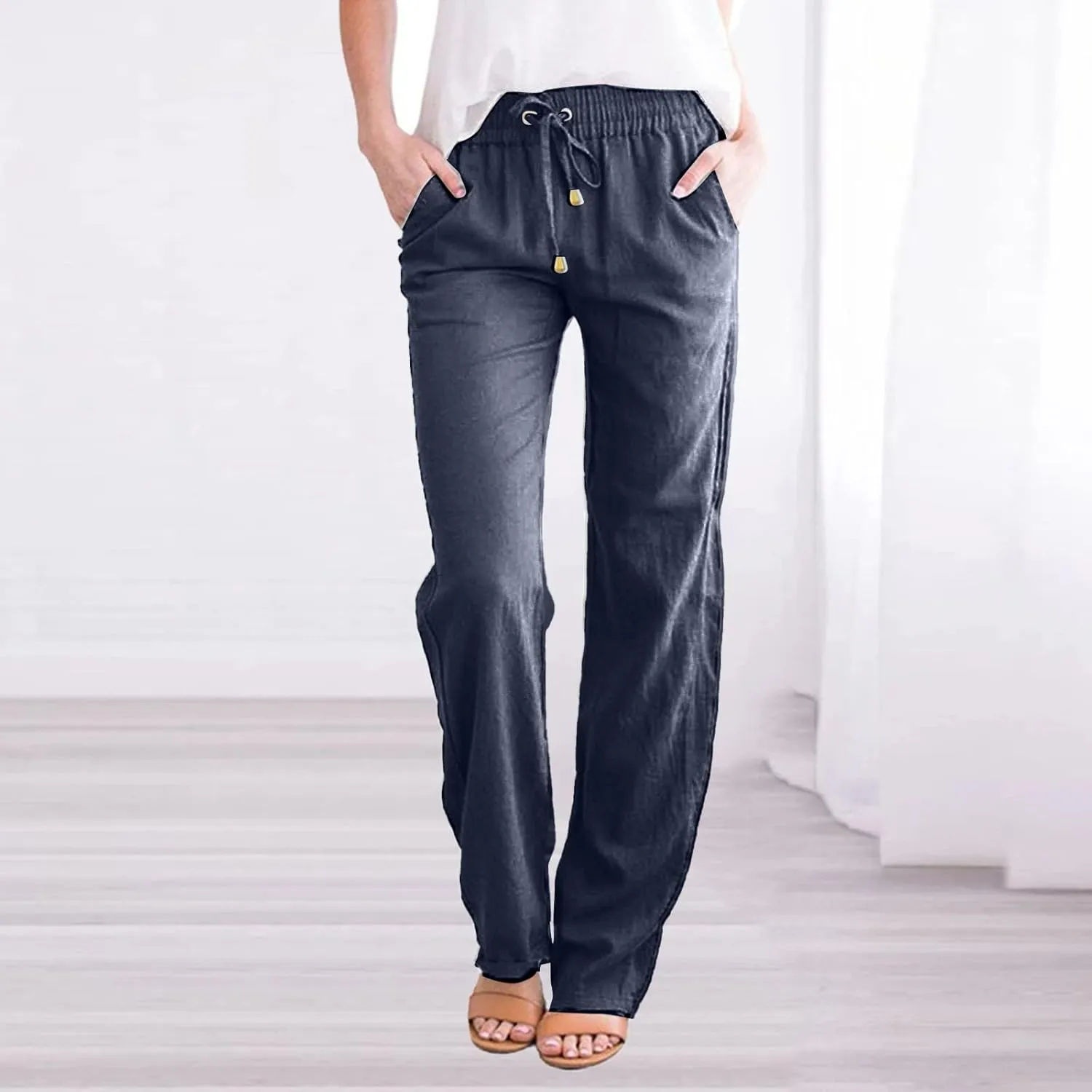 Womens Casual Linen Pants Lightweight Drawstring Elastic Waist Spring Summer Relax Fit Beach Slacks Comfy Trousers
