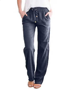 Womens Casual Linen Pants Lightweight Drawstring Elastic Waist Spring Summer Relax Fit Beach Slacks Comfy Trousers