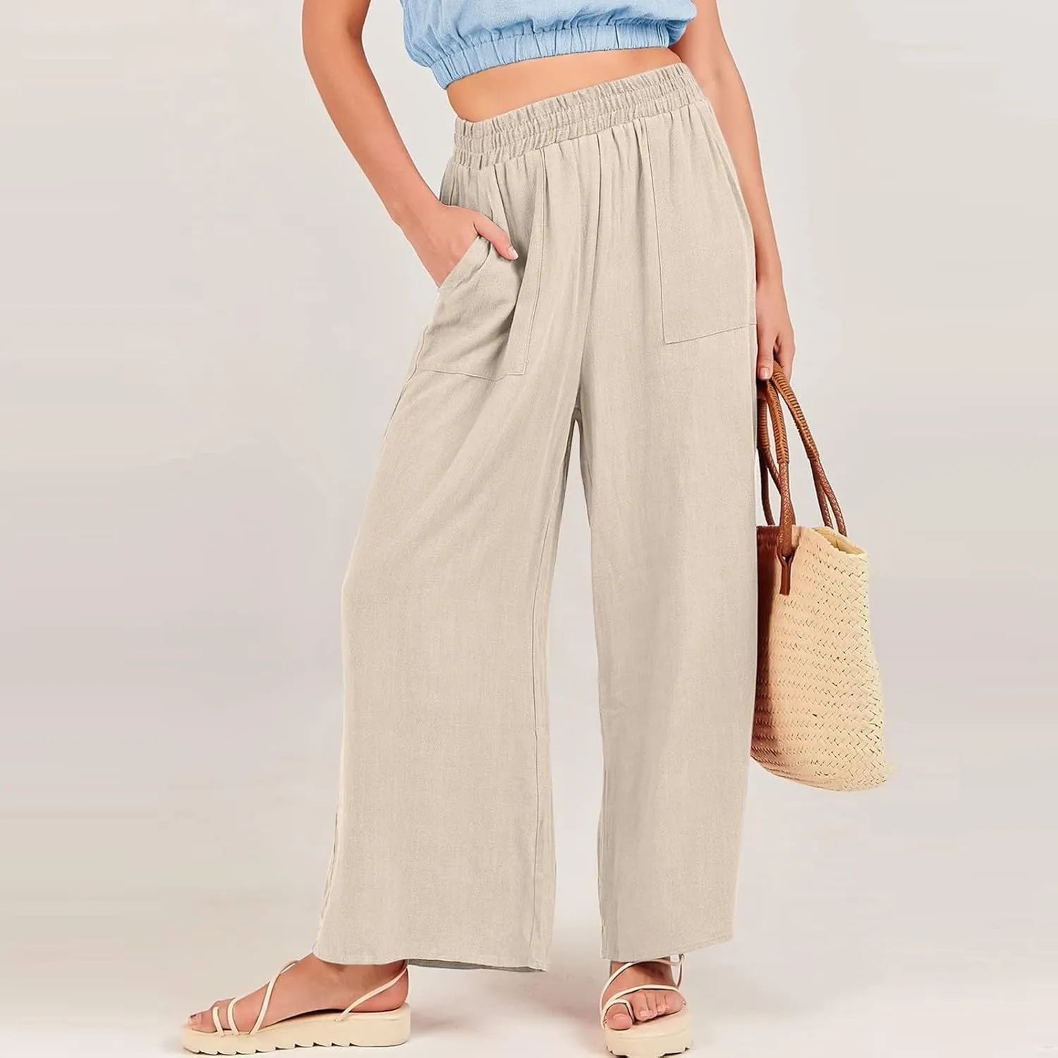 Womens Casual Linen Pants, Lightweight Elastic Waist Palazzo Trousers Baggy Wide Leg Summer Beach Slack with Pockets