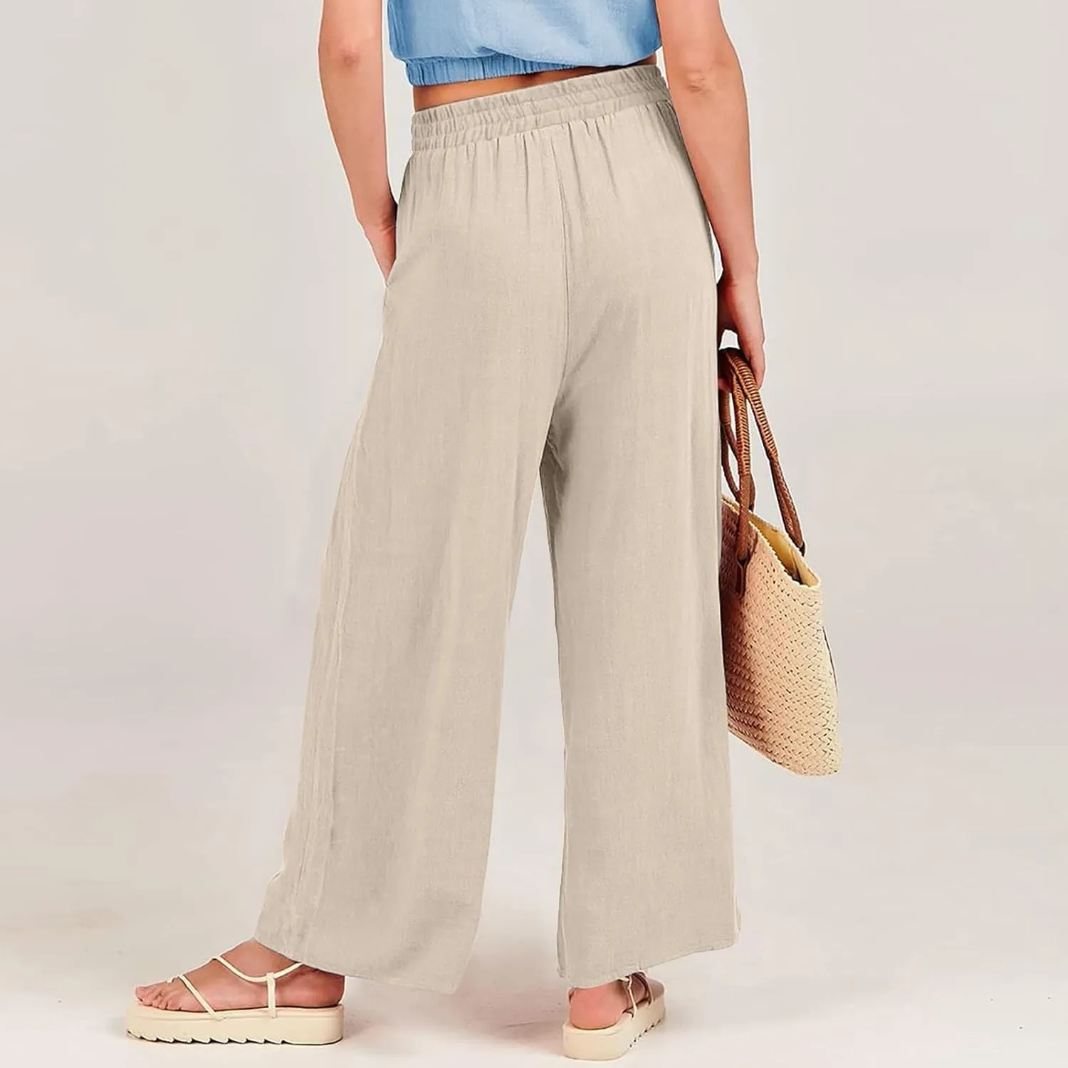 Womens Casual Linen Pants, Lightweight Elastic Waist Palazzo Trousers Baggy Wide Leg Summer Beach Slack with Pockets