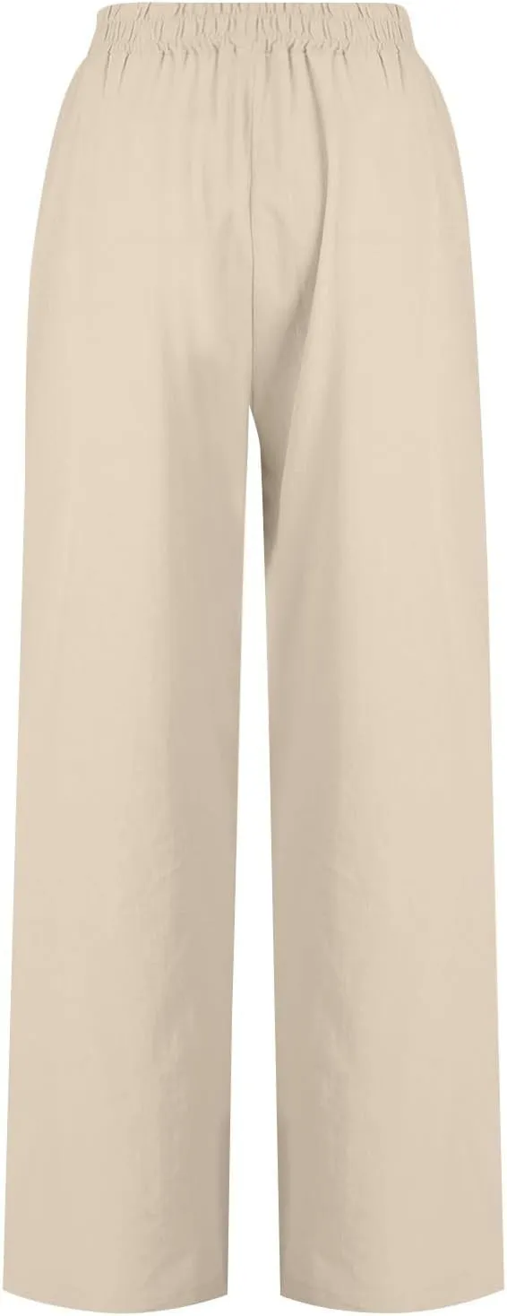 Womens Casual Linen Pants, Lightweight Elastic Waist Palazzo Trousers Baggy Wide Leg Summer Beach Slack with Pockets