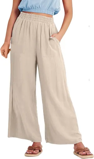Womens Casual Linen Pants, Lightweight Elastic Waist Palazzo Trousers Baggy Wide Leg Summer Beach Slack with Pockets