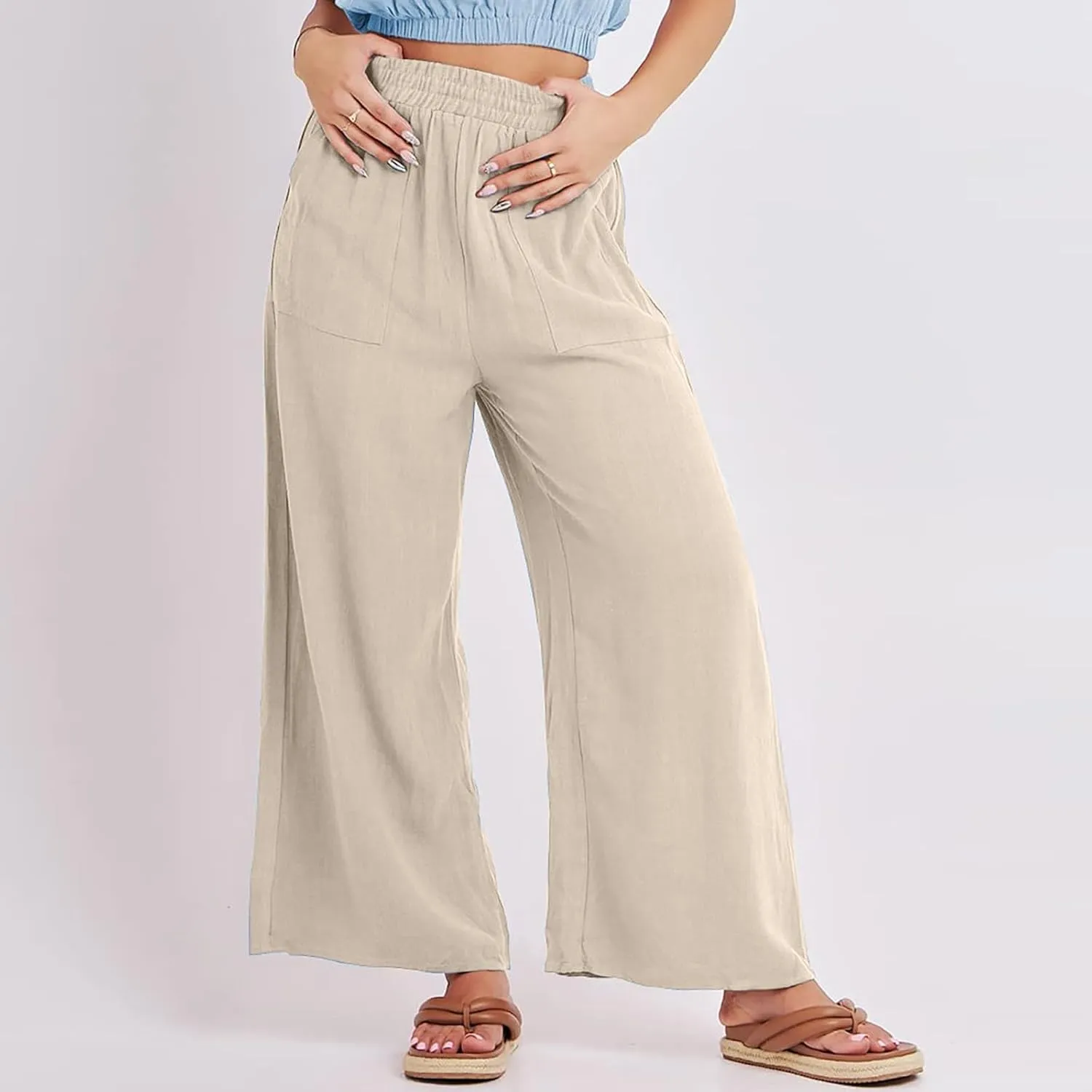 Womens Casual Linen Pants, Lightweight Elastic Waist Palazzo Trousers Baggy Wide Leg Summer Beach Slack with Pockets