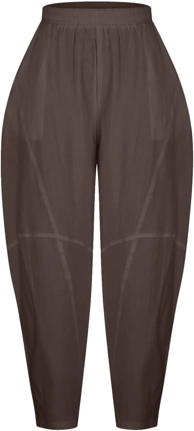 Womens Casual Linen Trouser Elastic Waist Relax Fit Cotton Harem Pant Slouchy Baggy Lantern Pant Spring Summer Slacks