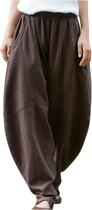 Womens Casual Linen Trouser Elastic Waist Relax Fit Cotton Harem Pant Slouchy Baggy Lantern Pant Spring Summer Slacks