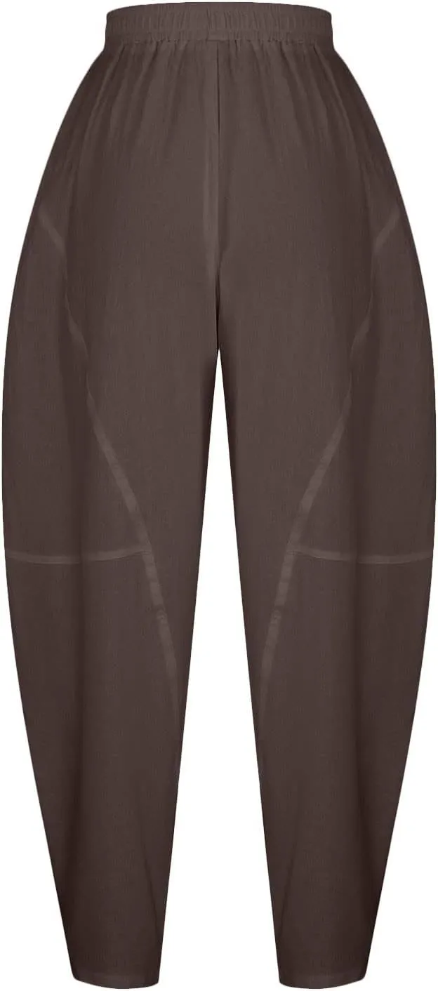 Womens Casual Linen Trouser Elastic Waist Relax Fit Cotton Harem Pant Slouchy Baggy Lantern Pant Spring Summer Slacks