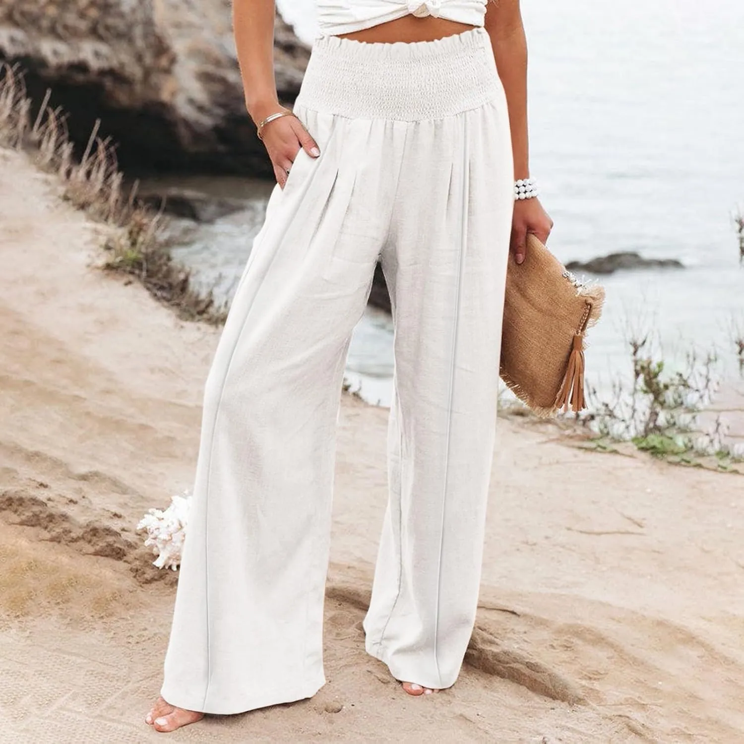Women's Casual Pants Linen Womens Clothing Pants Wide Leg Long Pant Trousers with Pocket Linen Blend Pants Linen Outfit