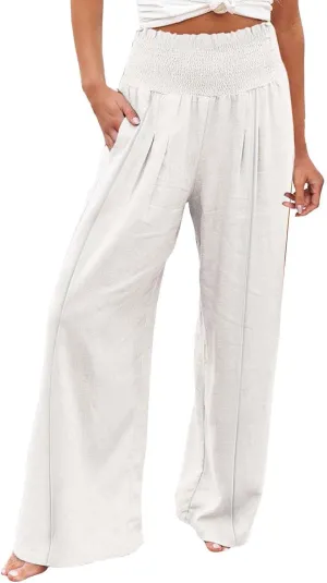 Women's Casual Pants Linen Womens Clothing Pants Wide Leg Long Pant Trousers with Pocket Linen Blend Pants Linen Outfit