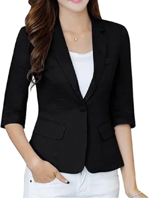 Womens Casual Solid Cotton Linen 3/4 Sleeve Short OL Work Blazer Jacket Coat Pocket with Flip Cover