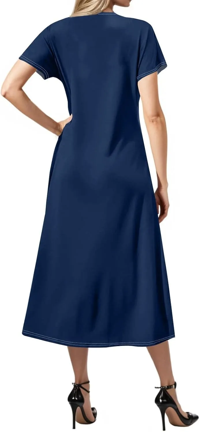 Women's Casual V-Neck Maxi Short Sleeve Loose Fit Long Dress with Pockets for Summer Beach or Daily Wear