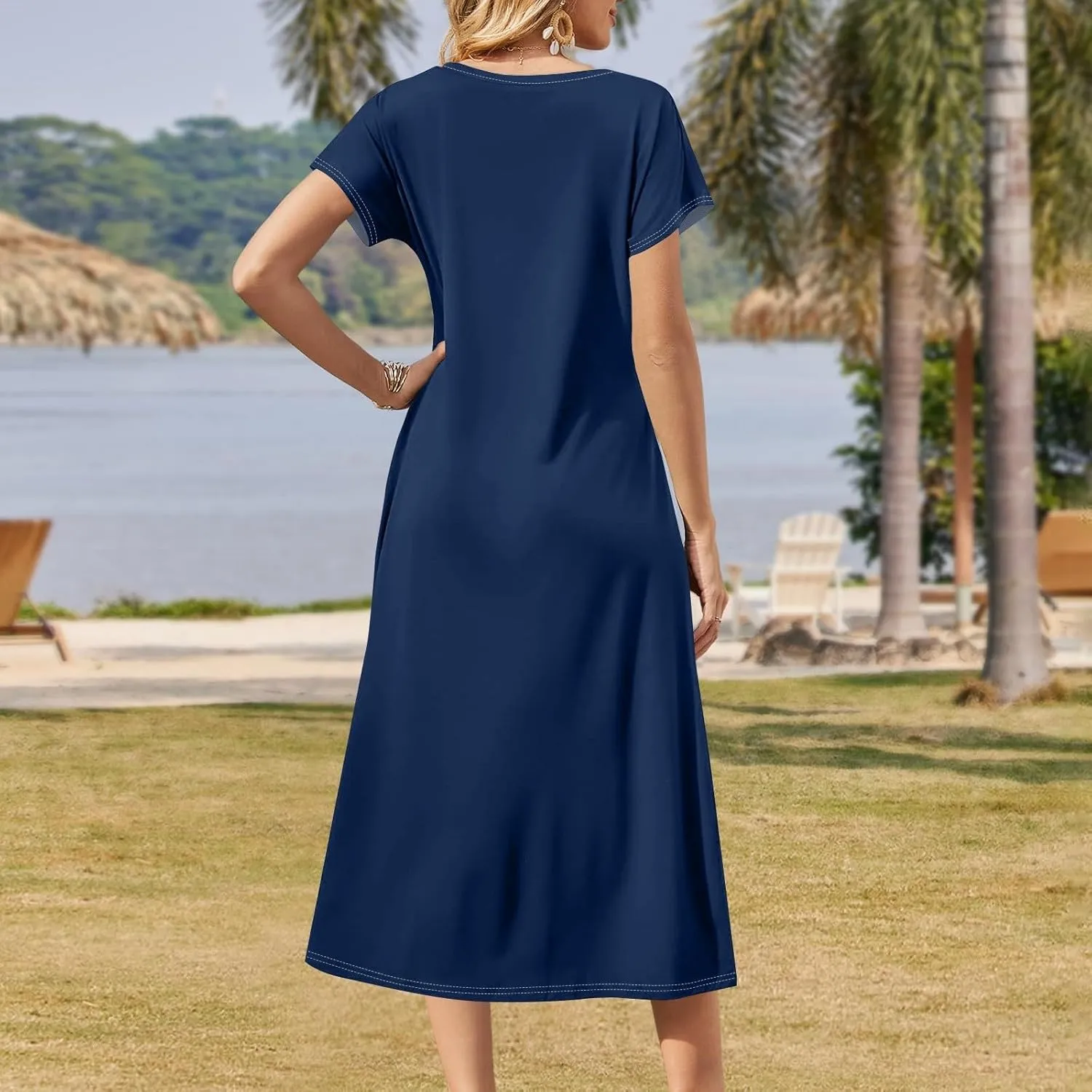 Women's Casual V-Neck Maxi Short Sleeve Loose Fit Long Dress with Pockets for Summer Beach or Daily Wear