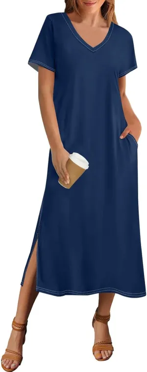 Women's Casual V-Neck Maxi Short Sleeve Loose Fit Long Dress with Pockets for Summer Beach or Daily Wear