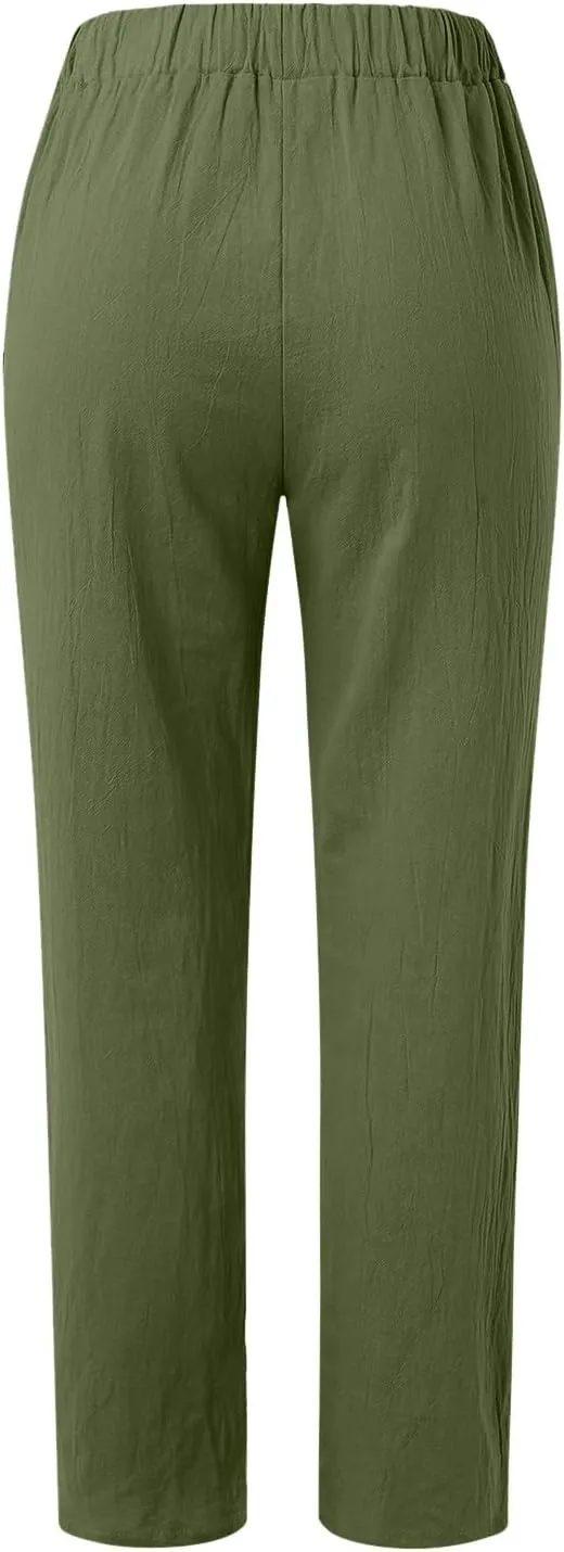 Women's Cotton Linen Pants 2025 Summer Casual Loose Elastic High Waisted Wide Leg Beach Trousers with Pockets