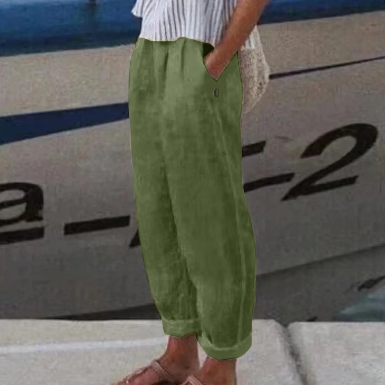 Women's Cotton Linen Pants 2025 Summer Casual Loose Elastic High Waisted Wide Leg Beach Trousers with Pockets