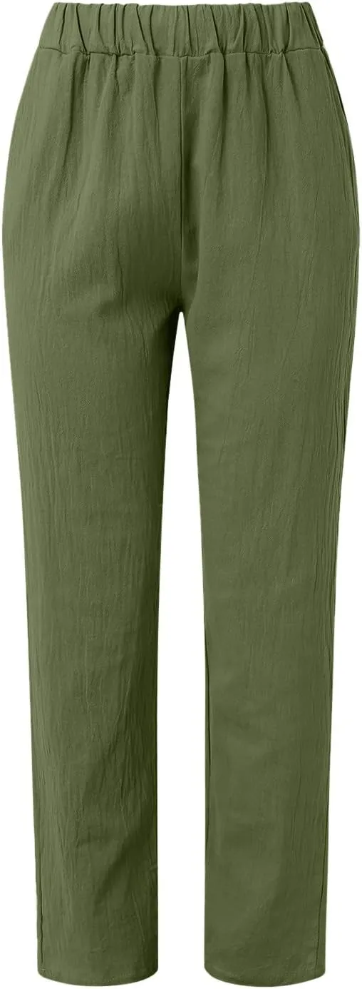 Women's Cotton Linen Pants 2025 Summer Casual Loose Elastic High Waisted Wide Leg Beach Trousers with Pockets