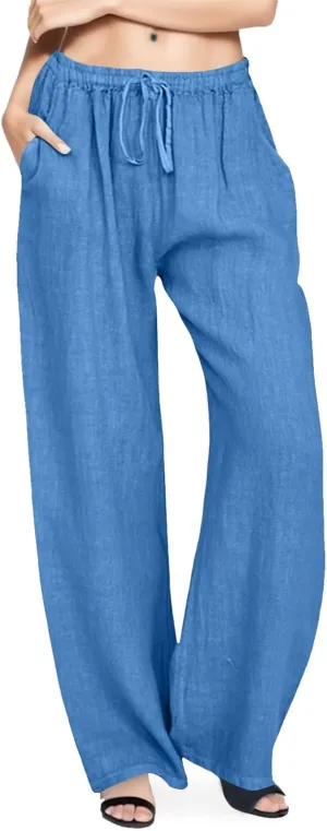 Womens Cotton Linen Pants Wide Leg Summer Casual Loose Drawstring High Waist Trousers Lightweight Palazzo Pants Pockets