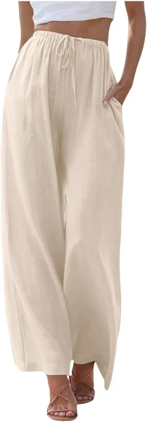 Women's Cotton Linen Summer Palazzo Pants Flowy Wide Leg Linen Pants Vacation Beach Trousers with Pockets
