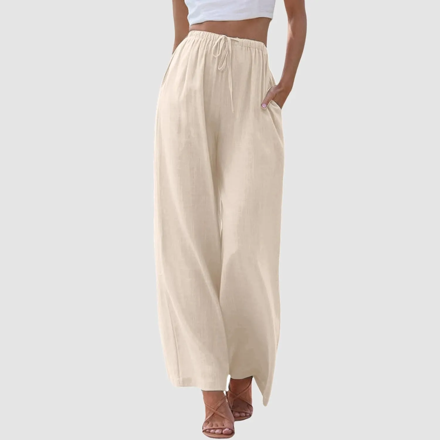 Women's Cotton Linen Summer Palazzo Pants Flowy Wide Leg Linen Pants Vacation Beach Trousers with Pockets