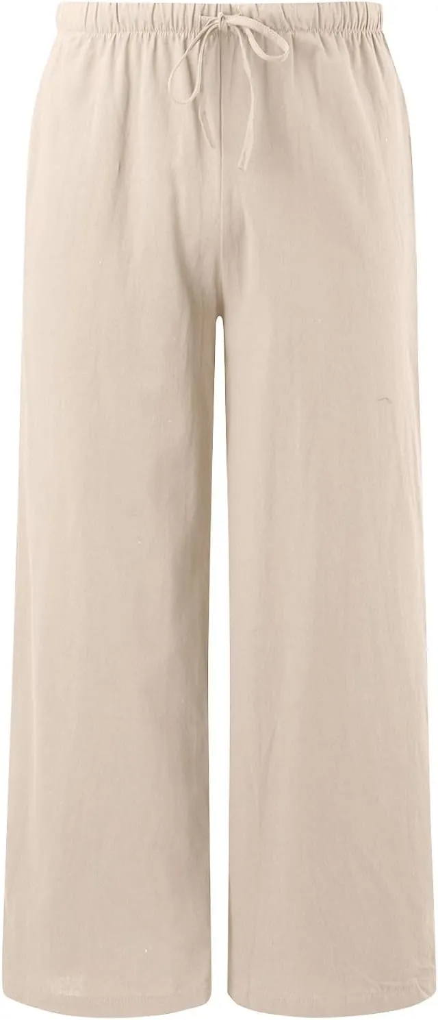Women's Cotton Linen Summer Palazzo Pants Flowy Wide Leg Linen Pants Vacation Beach Trousers with Pockets