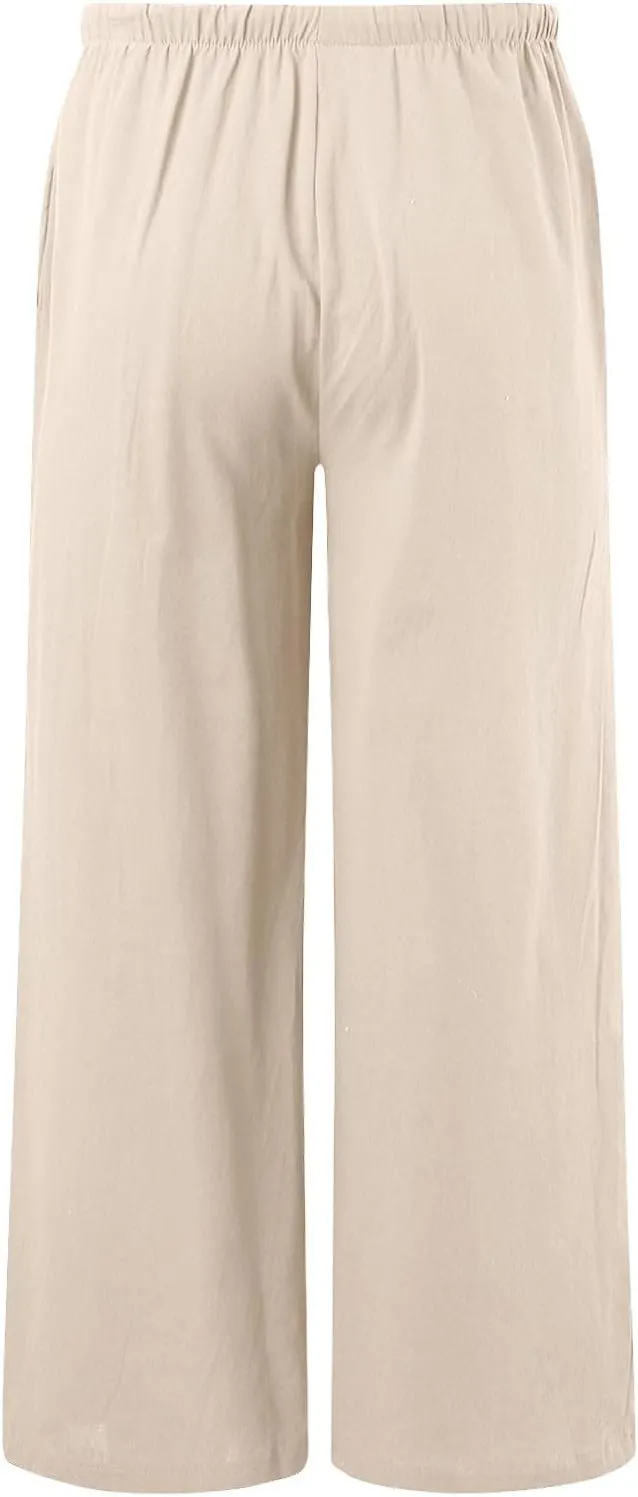 Women's Cotton Linen Summer Palazzo Pants Flowy Wide Leg Linen Pants Vacation Beach Trousers with Pockets