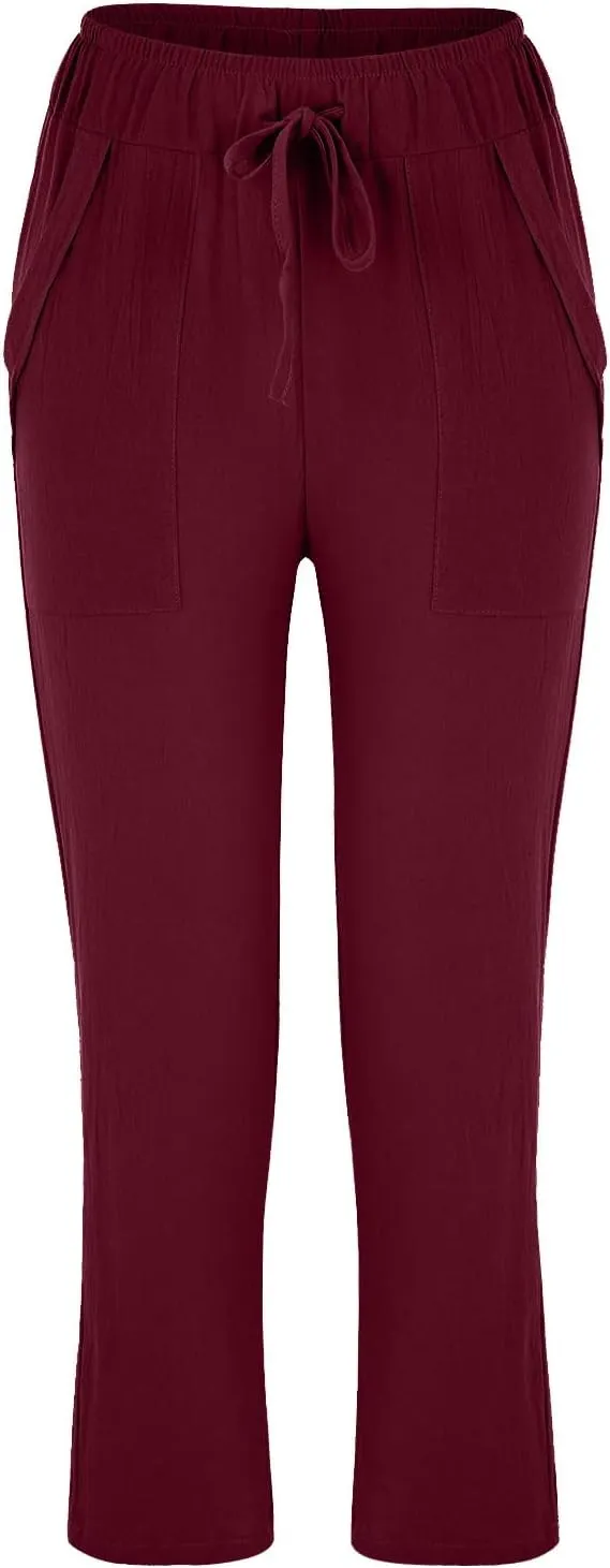 Women's Cotton Linen Trousers Solid Color High Waist Pocket Loose Fit Casual Trousers Flared Lace Pants