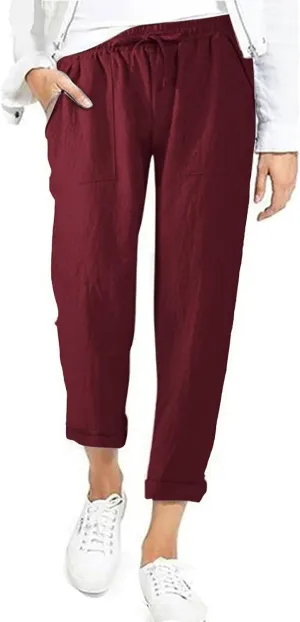 Women's Cotton Linen Trousers Solid Color High Waist Pocket Loose Fit Casual Trousers Flared Lace Pants