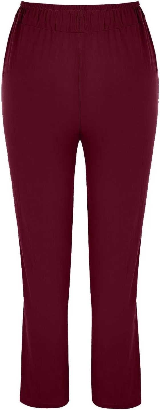 Women's Cotton Linen Trousers Solid Color High Waist Pocket Loose Fit Casual Trousers Flared Lace Pants