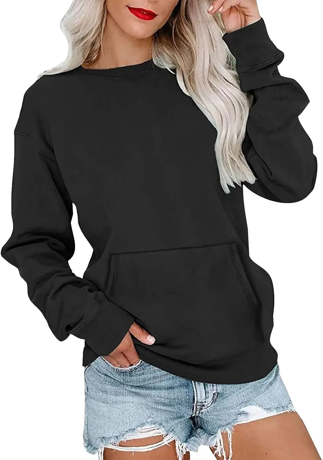 Womens Crewneck Sweatshirt Fleece Long Sleeve Cute Sweatshirts No Hooded Y2k Plain Trendy Hoodies with Pockets