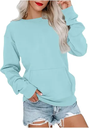 Womens Crewneck Sweatshirt with Pockets Long Sleeve Tunic Tops Oversized Pullover Sweater Cute Hoodies for Teen Girls