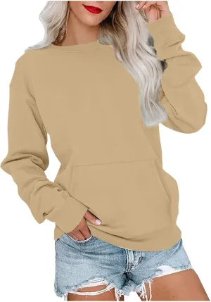 Womens Crewneck Sweatshirt with Pockets Long Sleeve Tunic Tops Oversized Pullover Sweater Cute Hoodies for Teen Girls
