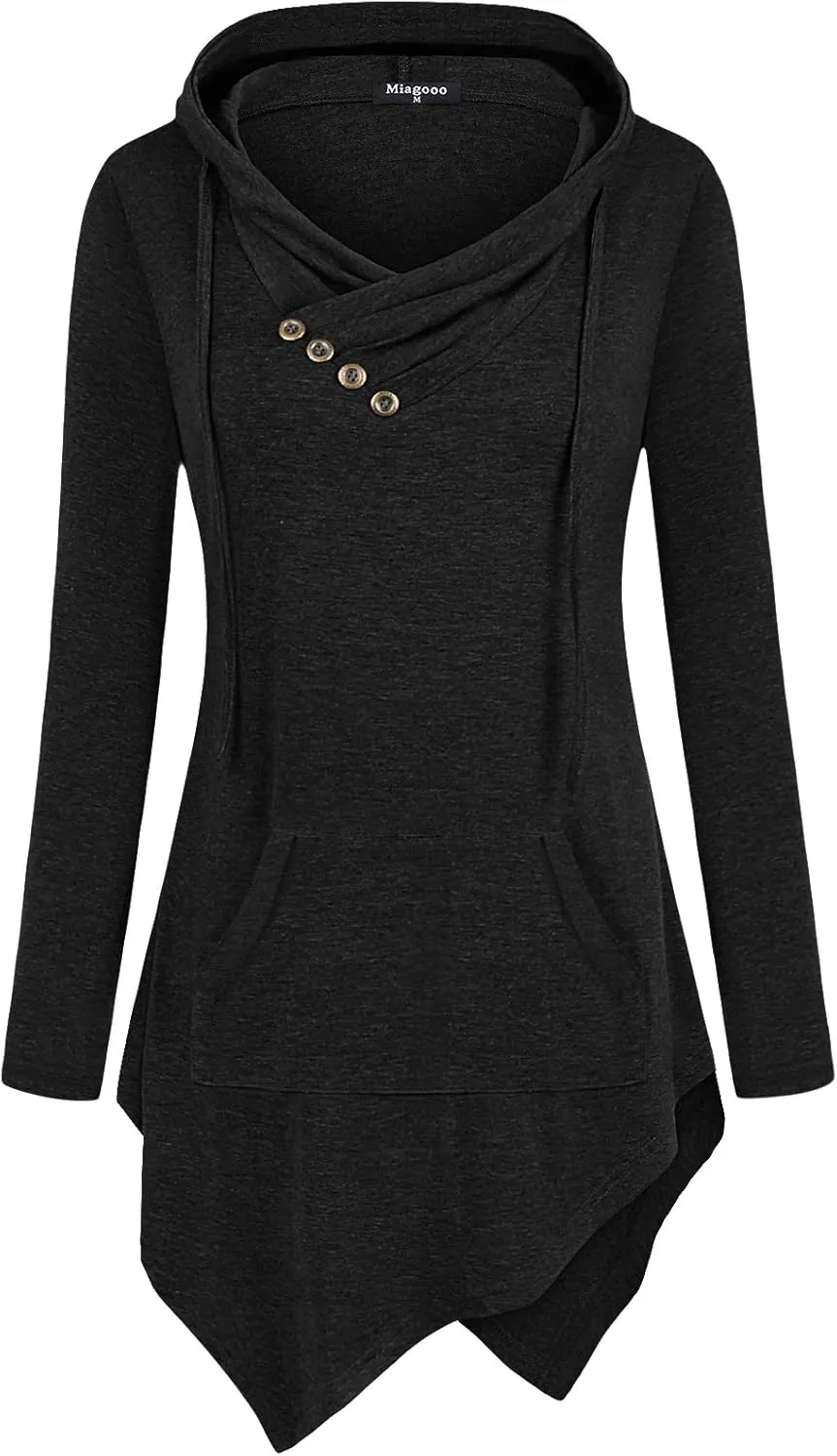 Womens Cross Neck Uneven Hemline Hoody Long Sleeve Loose Flare Tunic Henley